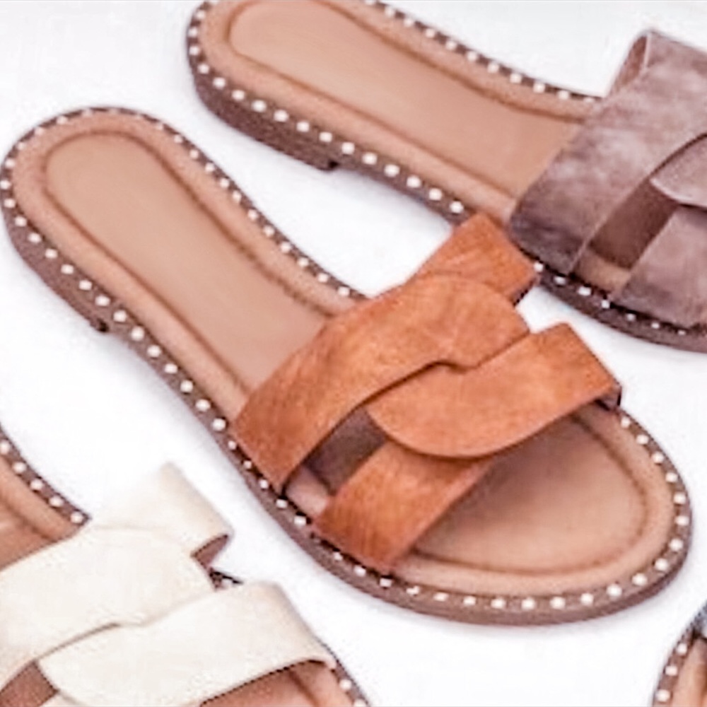 Vegan Leather Studded Trim Slide Cognac Sandals - Picture 4 of 4